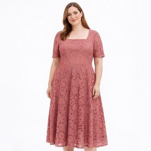 Women Chic Floral Lace Midi Dress in Rose